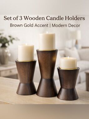 Project 62 Brown Wooden Candle Holder Trio with Gold Rim